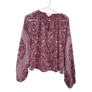 Evereve Small Women Burgundy Floral Mixed Print Keyhole Long Sleeve   EW800495SE